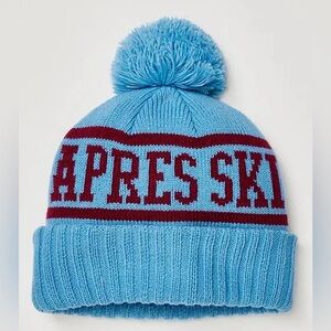 Free People Movement Apres Ski Team Pom Beanie Hat Sky Blue Red One Size New